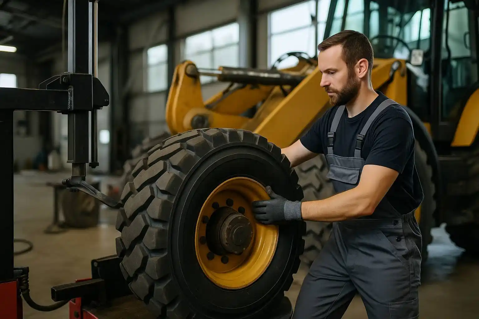 نصب لاستیک ماشینآلات سنگین توسط مکانیک در تعمیرگاه